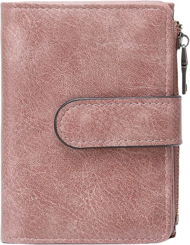 Vista 10 de Cartera pequeña de cuero vegano para mujer, billetera plegable y compacta con bolsillo para monedas con cremallera, Negro, Moderno