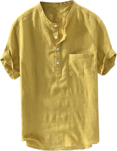 Vista 9 de Camisas de lino para hombre, de manga corta, con botones, estilo Henley, ligeras, sin cuello, hippie, playa, ropa