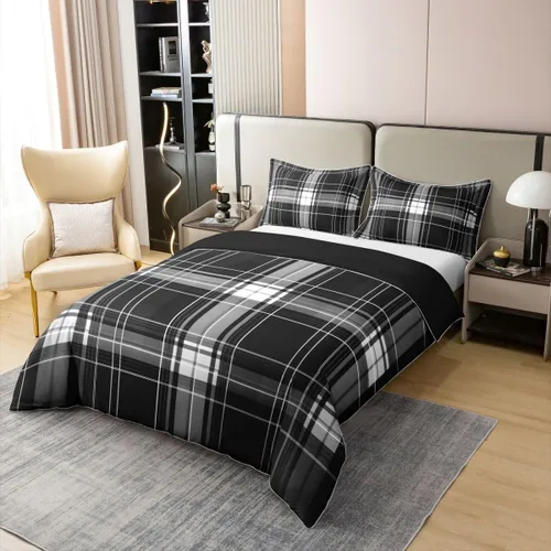 Vista 3 de Erosebridal Juego de ropa de cama de 100 % algodón a cuadros para niños y niñas, funda de edredón a cuadros, funda de edredón moderna geométrica