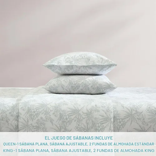 Vista 3 de Tommy Bahama - King Size Sheet Set with Fitted Sheet & Pillowcases Bolígrafo y tinta verde palma
