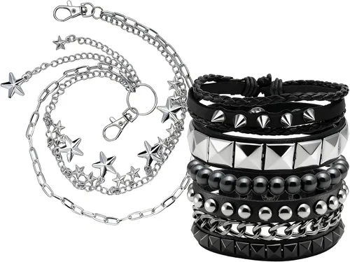 Vista 10 de Eigso Juego de 4 pulseras de cuero punk, con tachuelas de roca para hombres y mujeres, estilo retro, clásico, con pinchos, de metal, para hombre