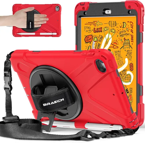 Vista 17 de BRAECNstock para Apple iPad mini 5/4 Funda 2019/2015 19,9 cm, Funda Protectora a Prueba de Golpes con Soporte para Lápices, Correa Giratoria