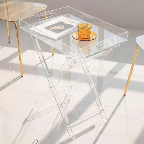 Vista 5 de Mesa plegable de acrílico, mesa auxiliar auxiliar de acrílico transparente, mesa de servicio portátil, mesa de centro cuadrada moderna para espacios