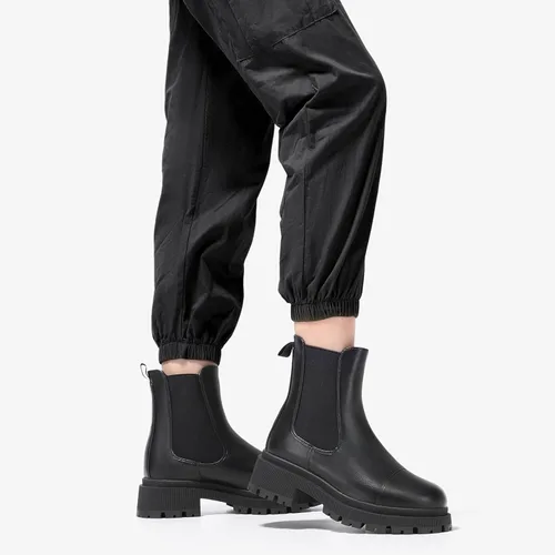 Vista 6 de Botas Chelsea para mujer, con suela de lengüeta, botines de tacón grueso sin cordones