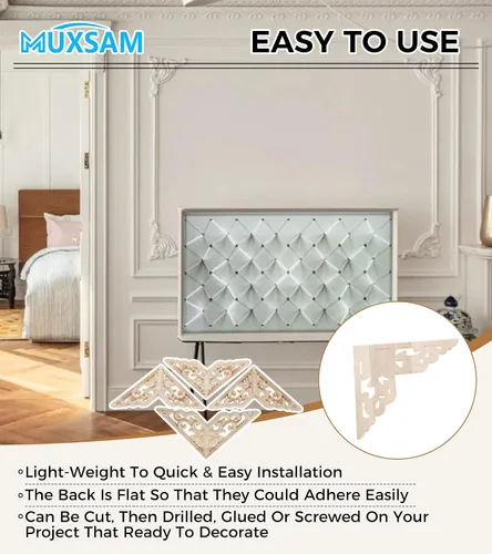 Vista 5 de MUXSAM Apliques decorativos de madera, paquete de 4 calcomanías de madera sin pintar, incrustaciones de incrustaciones de esquinas para armario