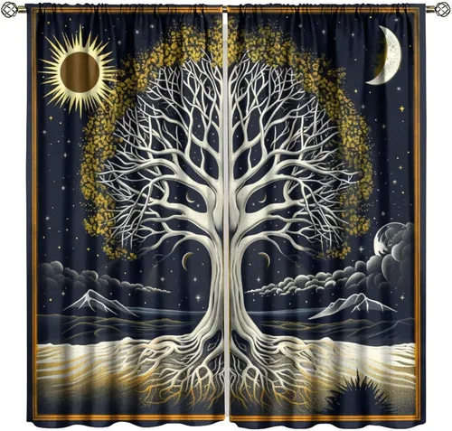 Vista 25 de Cortinas opacas con diseño de sol y luna, cuerpos celestes bohemios, con diseño de sol, luna y estrellas, para sala de estar, dormitorio, 42 x 45