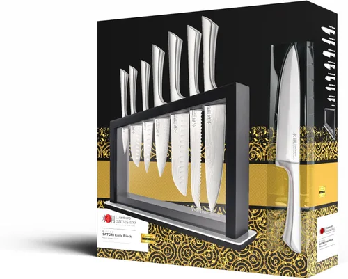Vista 9 de Cuisine: pro Damashiro - Bloque de cuchillos Satori de 8 piezas, juego de cuchillos de acero japonés con bloque de cuchillos de madera de acacia