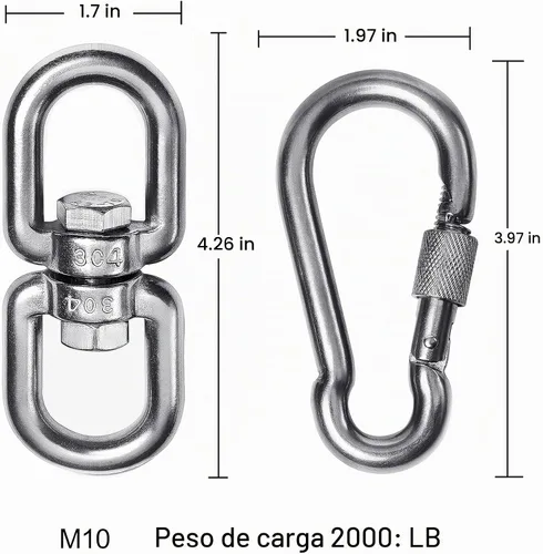 Vista 4 de 2+1 - Anillo giratorio de acero inoxidable 304 de alta resistencia de 2400 libras, gancho giratorio de doble extremo con ganchos a presión