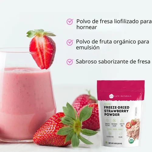 Vista 3 de Kate Naturals Polvo de fresa liofilizado orgánico para hornear y bebidas. Sabor natural de fresa para pasteles, glaseado y batidos