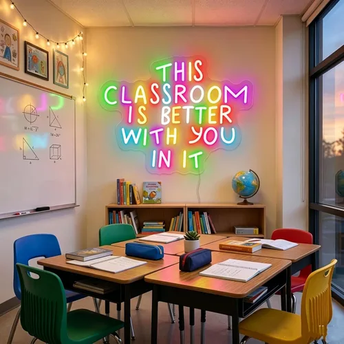 Vista 6 de Letrero de neón multicolor con texto en inglés «This Classroom is Better With You In It» para decoración de pared de aula, alimentado por USB