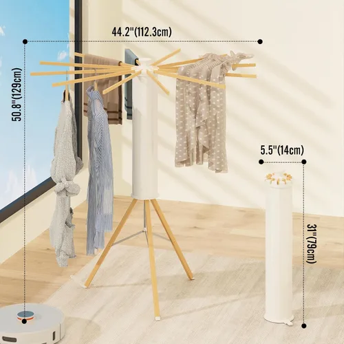 Vista 4 de Dr.DJ Trípode plegable para secar ropa con 12 brazos de secado de madera para uso en interiores, balcón y RV