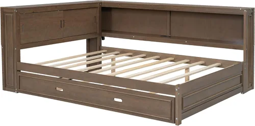 Vista 7 de SOFTSEA Sofá cama esquinera de tamaño matrimonial con nido y estantería, sofá cama en forma de L con luces LED y puertos USB, marco de cama Antique