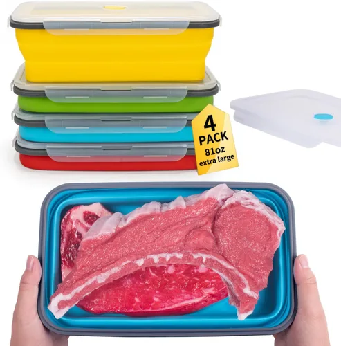 Vista 30 de Recipientes plegables de almacenamiento de alimentos con tapa hermética, 11.8 oz, juego de 4 recipientes pequeños de silicona apilables para la 4