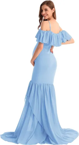 Vista 18 de MYRISAM Vestido de maternidad con volantes y hombros descubiertos para mujer, vestido de fiesta de sirena de gasa, vestido ajustado