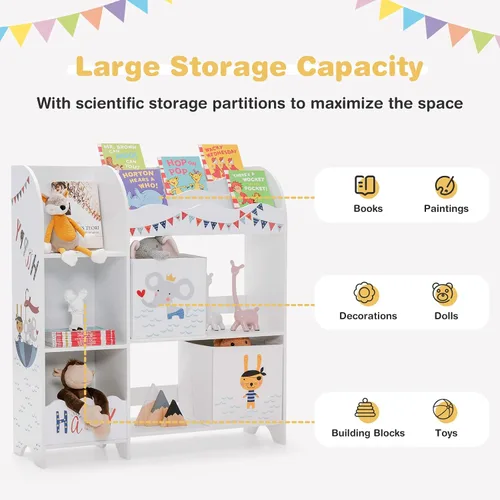 Vista 7 de HONEY JOY Organizador de almacenamiento de juguetes para niños, unidad de almacenamiento de madera con 2 cajas, estantería de exhibición para niños