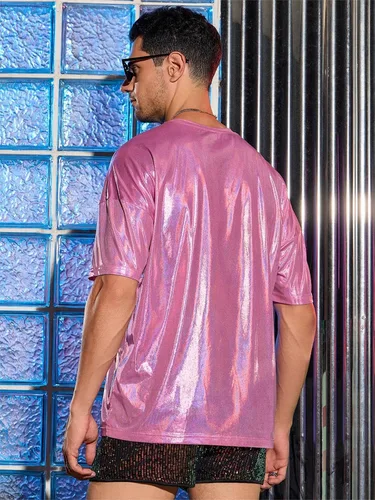 Vista 2 de WDIRARA Camiseta holográfica para hombre, manga corta, cuello redondo, brillante, para fiesta, club, camiseta sin mangas