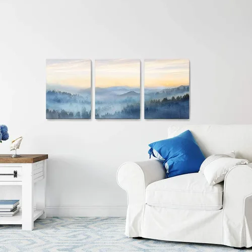 Vista 5 de Decoración de pared para dormitorio, 3 paneles, estampado de bosque brumoso con salida del sol, arte de pared para sala de estar, baño, lienzo