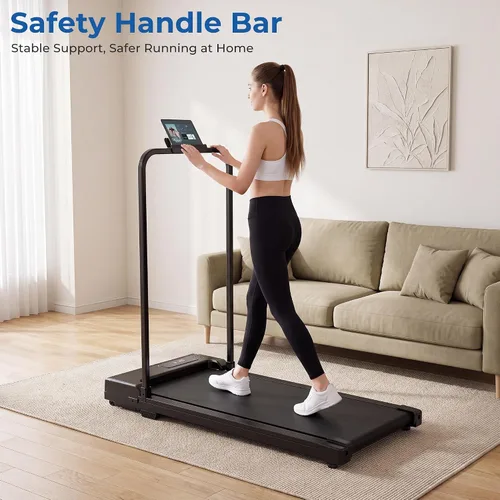Vista 6 de Walking Pad, Treadmill with Handle Bar Foldable Treadmills for Home Indoor Under Desk Portable Compact Electric Walk Pads Small Spaces Office Negro