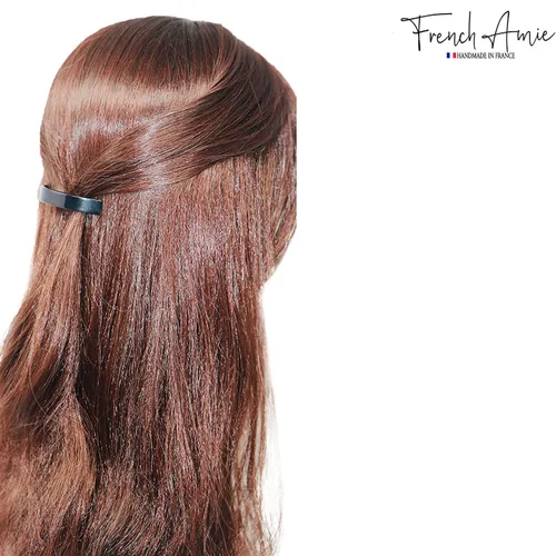 Vista 6 de French Amie Pasador automático hecho a mano de acetato de celuloide pequeño negro curvado de 2.5 pulgadas con cierre dorado