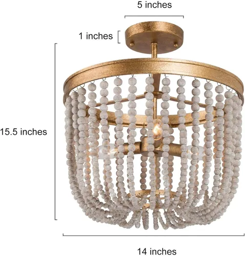Vista 2 de Lámpara de techo con cuentas de madera, estilo bohemio, semiempotrada, lámpara de techo de 3 luces doradas para dormitorio, pasillo, cocina