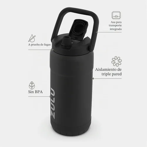 Vista 3 de ZULU Goals - Botella de agua de acero inoxidable con gran capacidad, aislada al vacío Jarra reutilizable con asa Tapa a prueba de fugas Negro
