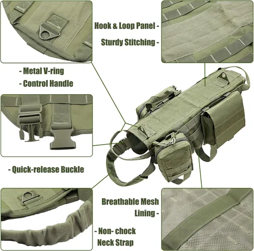 Vista 2 de AIWAI Arnés táctico para perro con bolsas, arnés de chaleco para perros grandes y medianos, arnés militar ajustable sin tirones con asa, caminar
