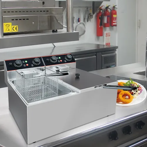 Vista 8 de Freidora comercial de 23 cuartos de galón con cestas dobles y tapa, freidora de aceite comercial eléctrica de acero inoxidable, control