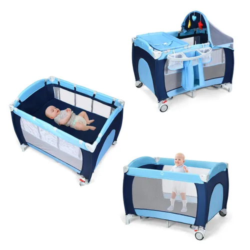 Vista 2 de HONEY JOY Empaca y juega con moisés, 4 en 1 portátil para bebé con cambiador, red y juguetes lindos, bolsa de almacenamiento de pañales, caja de Azul