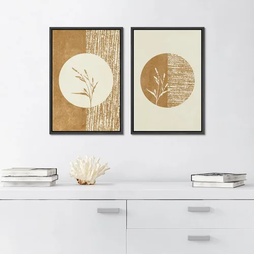Vista 4 de SIGNFORD Lienzo enmarcado para pared, juego de arte geométrico retro de mediados de siglo, plantas forestales, ilustraciones con formas abstractas