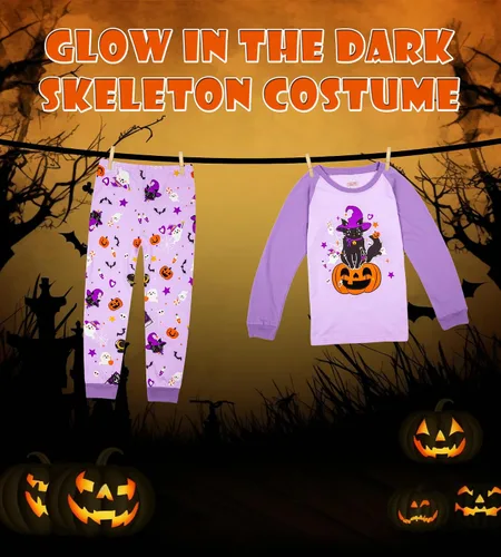 Vista 18 de HONGTEYA Ropa de Halloween para niños y niñas, ropa de esqueleto de algodón para niños pequeños, talla 3-7T