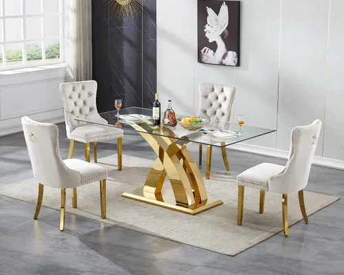 Vista 39 de Juego de mesa de comedor de cristal plateado moderno de 70 pulgadas para 4, juego de mesa de comedor rectangular de 5 piezas con patas de acero