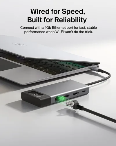 Vista 7 de Belkin USB C Hub, 8-in-1 Multi-Port Hub 100W - Dual Display Support for Windows & Chromebook + Mirrored Support for macOS w/Monitor Privacy