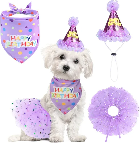 Vista 24 de SCENEREAL Suministros para fiesta de cumpleaños para perros, bandana de cumpleaños para perro, juego de collar de pajarita con números de Niño azul