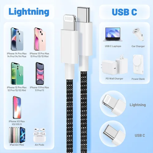 Vista 7 de Cable USB C a Lightning, paquete de 2 unidades de 6 pies + 10 pies, [certificado Apple MFi], cable de carga rápida para iPhone 14 13 12 11 Pro