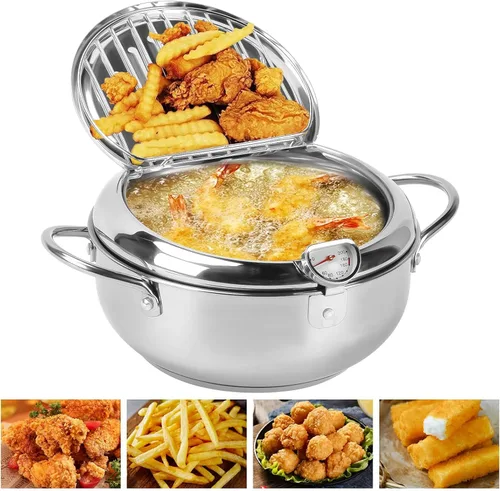 Vista 7 de Olla para freidora, 11 pulgadas/4.4 cuartos de galón, freidora de tempura japonesa con termómetro, olla freidora de acero inoxidable 304 para papas