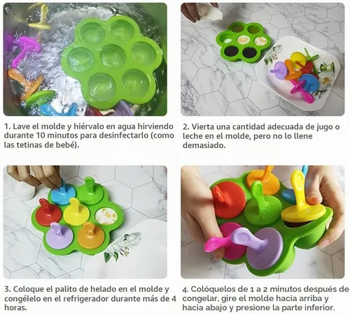 Vista 4 de Mini molde de silicona para paletas, molde para paletas de hielo de 7 cavidades con palitos de plástico coloridos, fabricantes de paletas