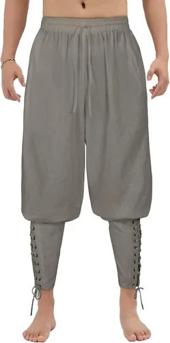 Vista 2 de Bwzlpqj Pantalones de lino con bandas de tobillo para hombre, disfraz de pirata renacentista, pantalones retro medievales