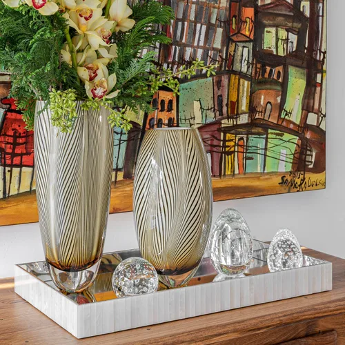 Vista 7 de Ca D Oro - Florero de cristal estilo Murano, patrón de plumas de ámbar, vidrio soplado a mano para flor, decoración de habitación y centro de mesa