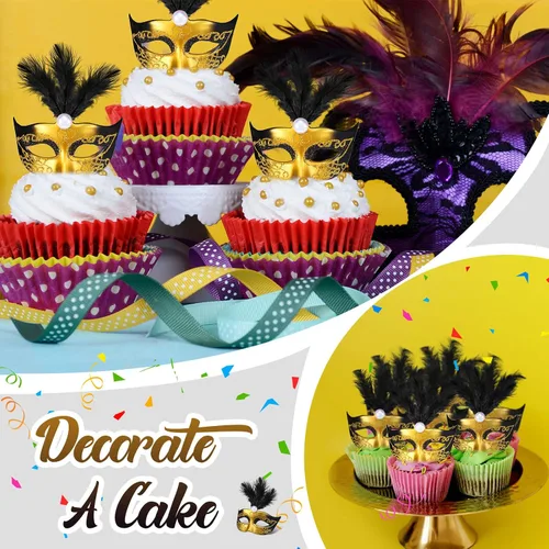 Vista 4 de Charniol 24 Pcs Pink Mini Masquerade Masks Venetian Cake Toppers Negro