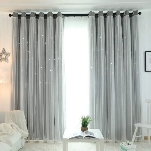 Vista 3 de UNISTAR 2 paneles de cortinas opacas y transparentes con estrellas para dormitorio, niñas, habitación de bebé, doble capa con recorte de estrellas