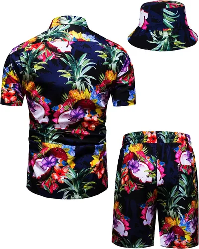 Vista 17 de TUNEVUSE Conjunto de camisas y pantalones cortos hawaianos para hombre, 2 piezas, trajes de playa con estampado de flores, traje tropical de verano