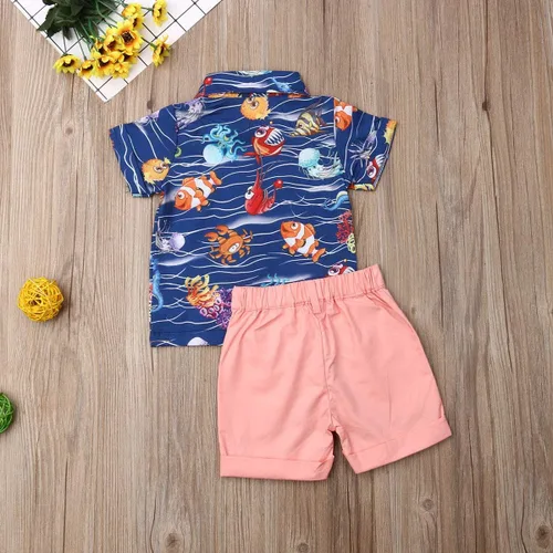 Vista 22 de Conjunto de camisa de manga corta con botones y pantalones cortos casuales con diseño de flamingo, para bebés y niños de 1 a 6 años, atuendos