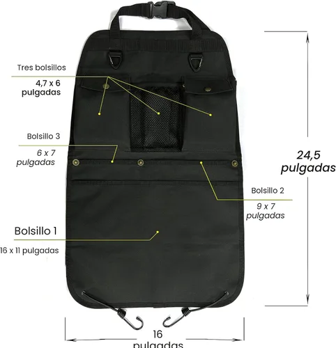 Vista 4 de Organizador de respaldo de asiento de coche negro con múltiples bolsillos y ganchos