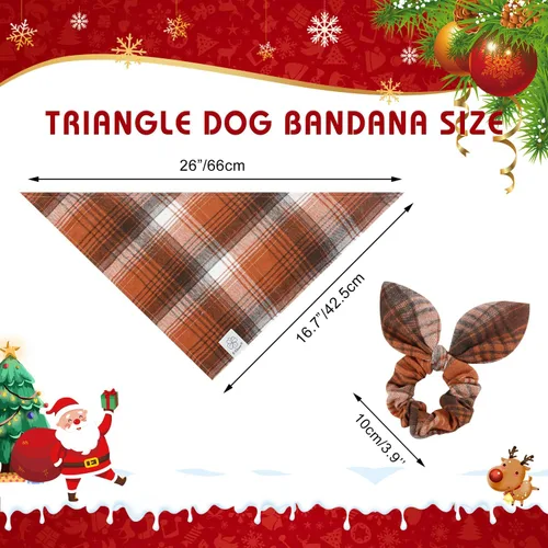 Vista 4 de E-Clover Bandana de Perro a Cuadros Marrón y Scrunchie a Juego - Bandana de Perro de Otoño Triangular a Cuadros Bufanda Babero para Mascotas