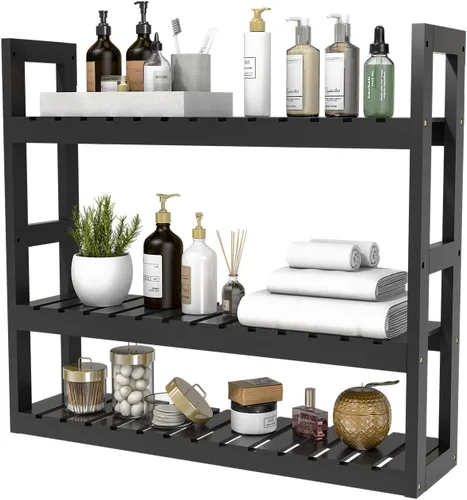 Vista 7 de Estante Domax de bambú, para baño, 3 niveles de montaje en pared, multifuncional, capa ajustable, de pie, para colocar por encima del inodoro
