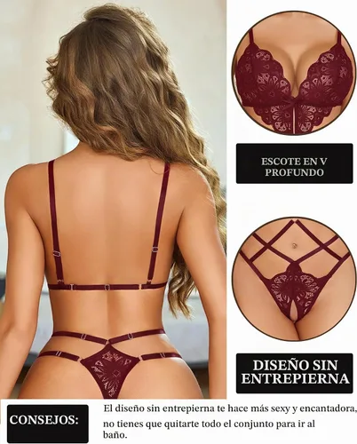 Vista 3 de Avidlove Lencería de mujer Deep V Teddy Sexy Lace Body Cut Out Babydoll Cherry Red