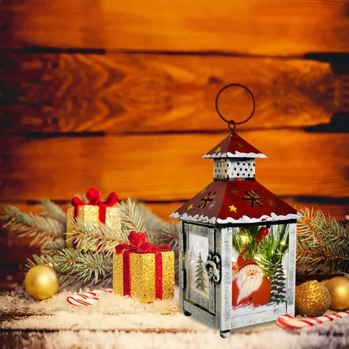 Vista 2 de Farol decorativo de Navidad para colgar, farol LED rústico, farol de mesa de metal rústico, funciona con pilas, linterna colgante para interiores