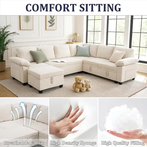 Vista 5 de 108" sofá seccional modular del durmiente, forma de L sacó el sofá cama con Beige