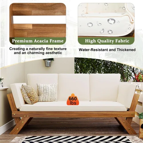 Vista 3 de Harper & Bright Designs Sofá convertible al aire libre con reposabrazos ajustable, sofá de madera maciza para patio con cojines, acabado Acabado