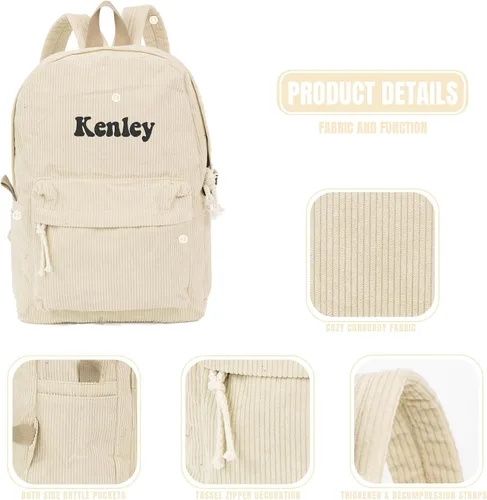 Vista 4 de Mochila de pana personalizada Mochila universitaria personalizada con nombre, Caqui, Casual